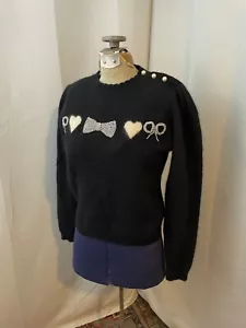 1980s Vintage Angora Sweater Black and White Hearts Bows Pearls Preppy S - Picture 1 of 7