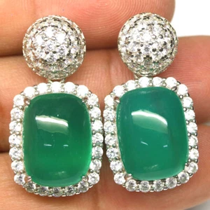 Sin Calentar 12 x 16 Mm. Ágata Verde & Blanco Zircon Pendientes 925 Plata de Ley - Imagen 1 de 4