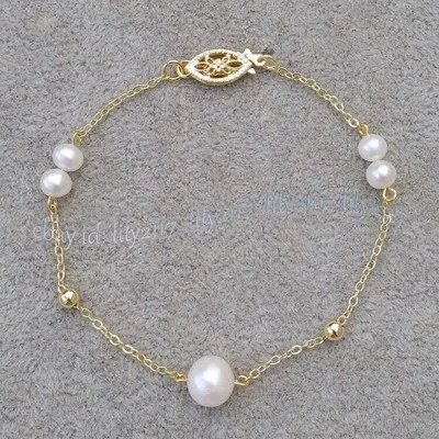 Genuine Natural White South Sea Pearl Gold Chain Station Bracelet 7.5-8 inch - Image 1 of 4