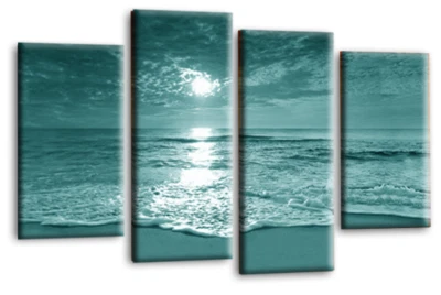 Large Seascape Sunset Love Art Print Teal Cream Framed Split Canvas Picture - Image 1 of 4