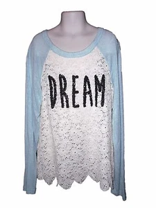 Kyut Baseball Style Lace Top, Size YL, Off White/Blue, Long Sleeves - Picture 1 of 4