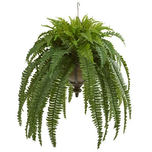 Nearly Natural 39” Boston Fern Artificial Plant in Metal Hanging Bowl Home Decor - Picture 1 of 2