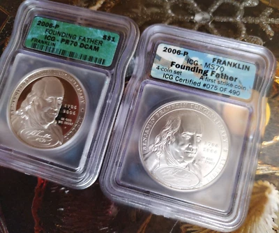 2006 P Ben Franklin 2 Coin Set $1 ICQ PF 70 DCam MS 70 Founding Father dollar - Image 1 of 4