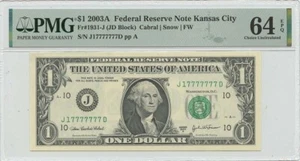 2003A $1 Federal Reserve Note KC FW Fr#1931-J PMG CU64 EPQ Serial # 17777777 - Picture 1 of 2