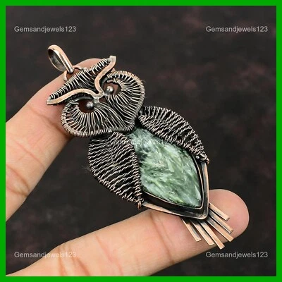 Colgante búho envuelto en alambre étnico cumpleaños hija cobre piedra serafinita pera Foto 1 de 4
