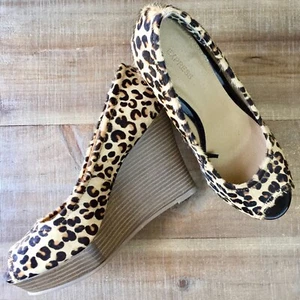 Express Leopard Print Calf Hair Stacked Wedges - Picture 1 of 6
