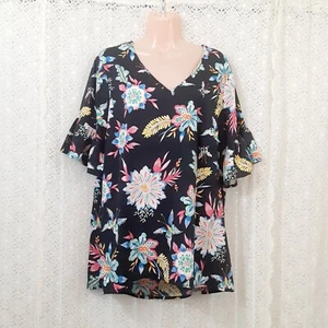 Junarose Casual Top Blouse Shirt Women 44 Black Floral V Neck Woven - Picture 1 of 11