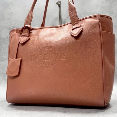 LOEWE Heritage Tote Bag Big Logo Pink Beige Leather A4 Shoulder Bag with Charm - Image 1 of 4