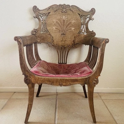 Антикварное эдвардианское кресло для гостиной из красного дерева инкрустация маркетри 19 век состаренное - Изображение 1 из 4