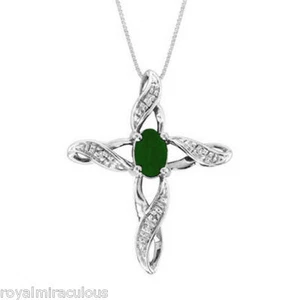 Emerald and Diamond Cross Pendant Sterling Silver - Picture 1 of 12