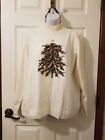 Women L Quacker Factory white embroidery beaded Christmas tree sweater mock neck