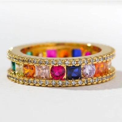 Anillo de eternidad arco iris chapado en oro de 14k Vanessa Mooney - talla 8 - audaz, Y2K,  Foto 1 de 4
