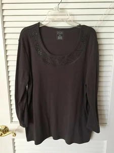 Hastings & Smith XL Solid Brown Scoop Neck Beaded 3/4 Sleeve Top - Picture 1 of 2