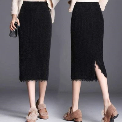 Saia Midi Sexy Lady Mohair Lápis de Renda Quente Elástico Bodycon Cintura Alta Térmica - Imagem 1 de 4