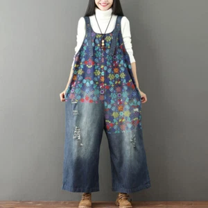 Baggy Women's Denim Ripped Drop Crotch Jeans Bib Pants Overalls Jumpsuit Rompers - Picture 1 of 9