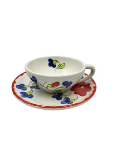 Beautiful MCM Italian Mancioli Pottery Red Purple Flower Plate Tea Cup Saucer - Picture 1 of 6