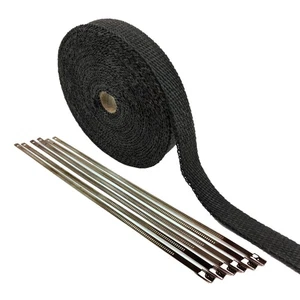 BLACK EXHAUST HEADER WRAP PIPE HEAT TAPE 1" X 50 FEET STAINLESS STEEL TIES KIT - Picture 1 of 5