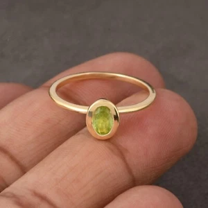 Natural Peridot Yellow Gold Plated Thin Band Ring Anniversary Gift For Wife - Picture 1 of 11