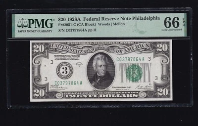 US 1928A $20 FRN Philadelphia Numeric '3' FR 2051-C PMG 66 EPQ (864) 1 -3 Consec - Image 1 of 2