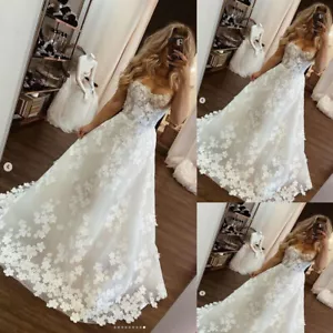 Prinzessin Hochzeitskleider trägerlos 3D Blume Spitze A Line Brautkleid weiß elfenbein - Bild 1 von 9
