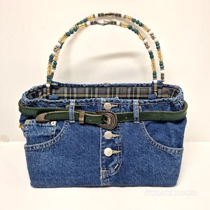 Vintage Millie Made Original Blue Jean Handbag Belt Buckle Plus Beaded Handles - Picture 1 of 10