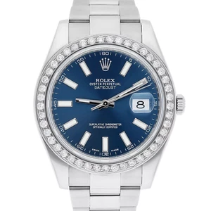 Rolex Datejust II 41 mm Blue Index Dial Diamond Bezel Steel Oyster Watch 116334 - Picture 1 of 10