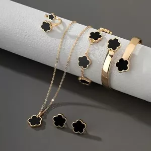 Juego de joyas aretes + collar + pulsera + brazalete + anillo con diseño de flor de la suerte - Imagen 1 de 14