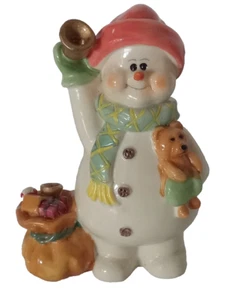 Figura de oso de peluche vintage de resina alegre muñeco de nieve de Navidad tocando campana - Imagen 1 de 5
