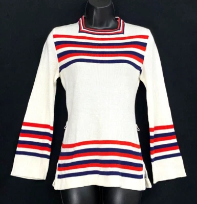 Vintage 1970s white sweater, red blue stripes bell long sleeves boho acrylic S - Image 1 of 4