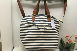 Madden Girl Striped Weekender Blue and White Sports Beach Tote Large Diaper Bag - Picture 1 of 12