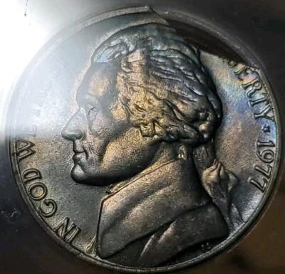 TONED 1977 Curved Clipped Planchet Error Jefferson Nickel MS65 ANACS J400 - Image 1 of 4