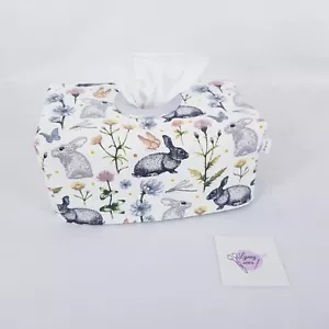 Tissue Box Cover Handmade White Rabbit Print Spring Linen Silver Circle Opening - Bild 1 von 10