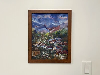 Original Oil Painting The Red Roof Tops At Cloudy Sunset Fauvism Landscape Frame - Image 1 of 4