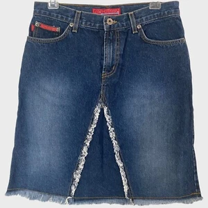 Y2K Hot Kiss Fringe High-Waisted Jean Skirt Women's 31 Blue Dark Wash Denim USA - Picture 1 of 11