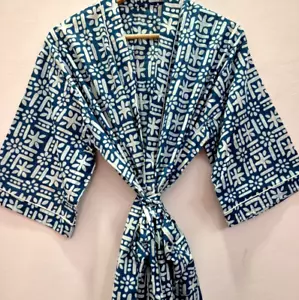 Bata kimono azul para mujer bata de dama de honor con estampado floral estampado en bloques - Imagen 1 de 6
