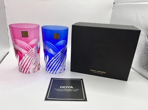 Hoya Crystal Whisky Glass 2 Pieces Set Blue Red Color with the Box Made in Japan - Picture 1 of 17