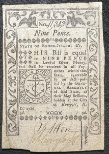 STATE OF RHODE ISLAND NEWPORT 1786 NINE PENCE COLONIAL NOTE SHARP NO PIN HOLES - Picture 1 of 2