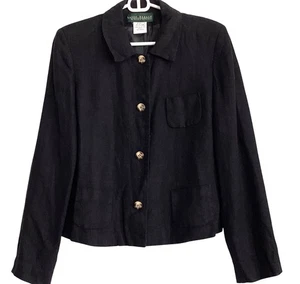 Harve Benard schwarzes geknöpftes Sakko aus 100 % Leinen Damengröße 12 Taschen - Bild 1 von 10