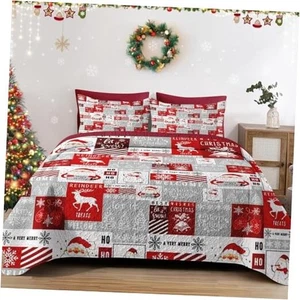 Christmas Size Quilt Set, Red Gray Plaid Lightweight Bedspread King Santa Claus - Picture 1 of 7