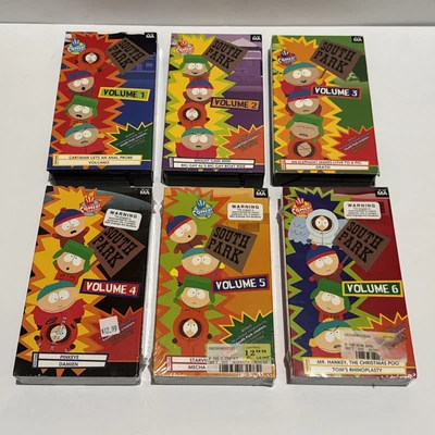South Park Volume 1 - 6 VHS Tapes (4-6 SEALED) Warning Labels VGUC - Image 1 of 4
