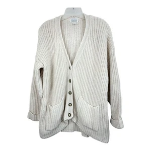 Vtg 90s Moda International Cardigan Chunky Sweater Sz Large Ivory Cotton Knit - Picture 1 of 6