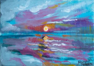 Purple Sea – Hand Painted OOAK ACEO magnetic miniature seascape Oil Painting - Picture 1 of 4