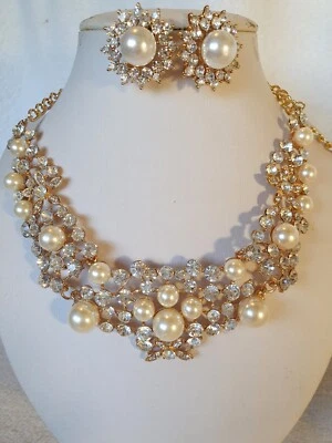 Pearl & Clear Diamante crystal Necklace & earrings set wedding prom new set - Image 1 of 4