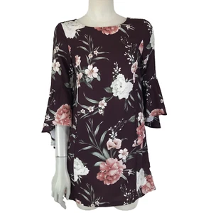Tokito Dress Burgundy Size 6 Pink Floral 3/4 Bell Sleeves Party Cocktail - Picture 1 of 12