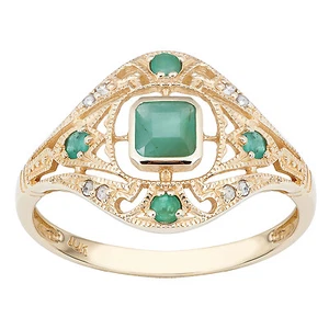10k Gelbgold Vintage-Stil echter Smaragd- und Diamantring - Bild 1 von 5