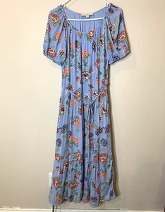 Loft Maxi Dress Womens Large Blue Tiered Puff Sleeve Floral Seersucker Gauze - Picture 1 of 12