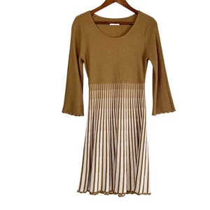 Calvin Klein Vintage Knit Beige Tan Color Block Midi 3/4 Sleeve Sweater Dress M - Picture 1 of 9