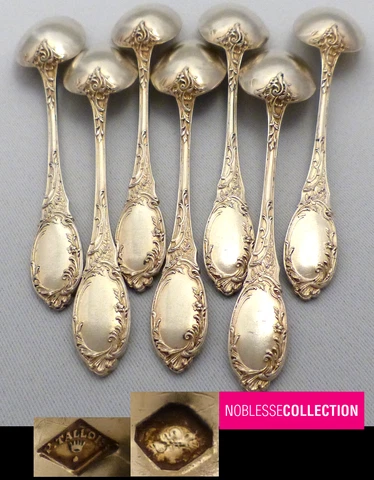 ULTRA-CHIC ANTIQUE 1910s FRENCH STERLING SILVER VERMEIL GOLD COFFEE SPOON SET 7p Cover