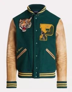 NWT POLO RALPH LAUREN LEATHER WOOL LETTERMAN TIGER LOGO VARSITY JACKET GREEN - Picture 1 of 11