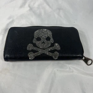 Black Womans 8” Long Wallet With Skull & Crossbones  Rhinestone Looking Logo - Picture 1 of 9
